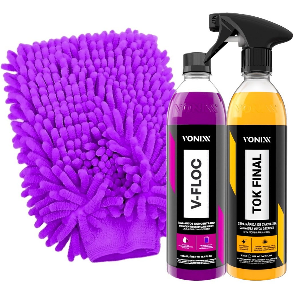 Cera Automotiva Vonixx Tok Final Spray 500ml Produto para Lavar Carro Moto Shampoo Vonixx V-floc 500ml Luva Microfibra Kit