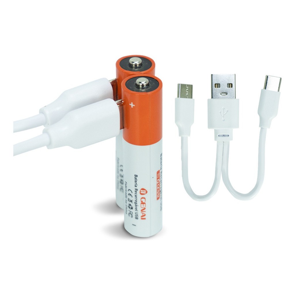 Kit 2 Pilhas AAA Recarregável 750mwh Genai Tipo C 1.5v 5v USB Type C