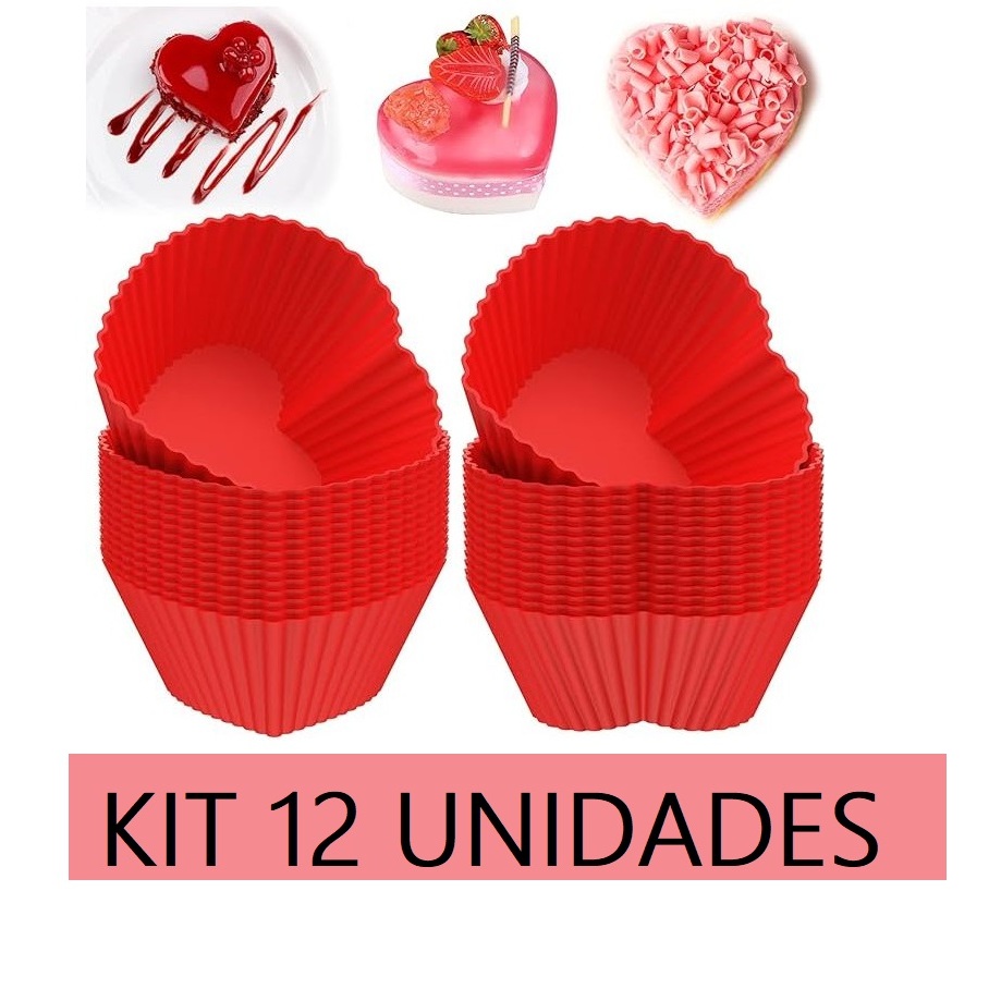 Kit 12 Formas Coração 7x4.5x3.5cm Silicone Mini Bolos Cupcake Pudim Gelatina Multicolorido Utensilio