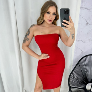 Vestido Tubinho Feminino Mídi Tomara Que Caia Com Fenda Lateral Sensual Tendência Blogueira
