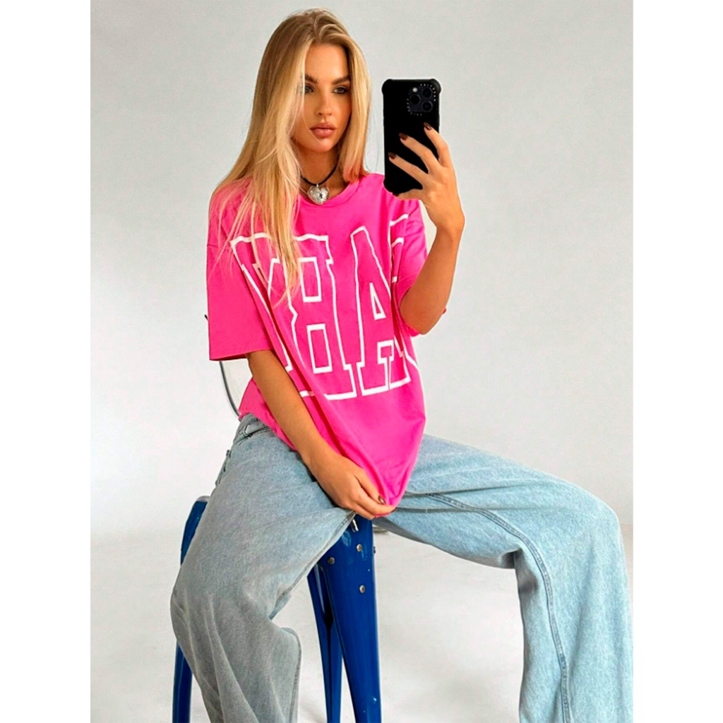 Camiseta Unissex Rosa Choque Blusa Feminina Oversized Estampado Baby Estilo Urbano Garota Skatista 
