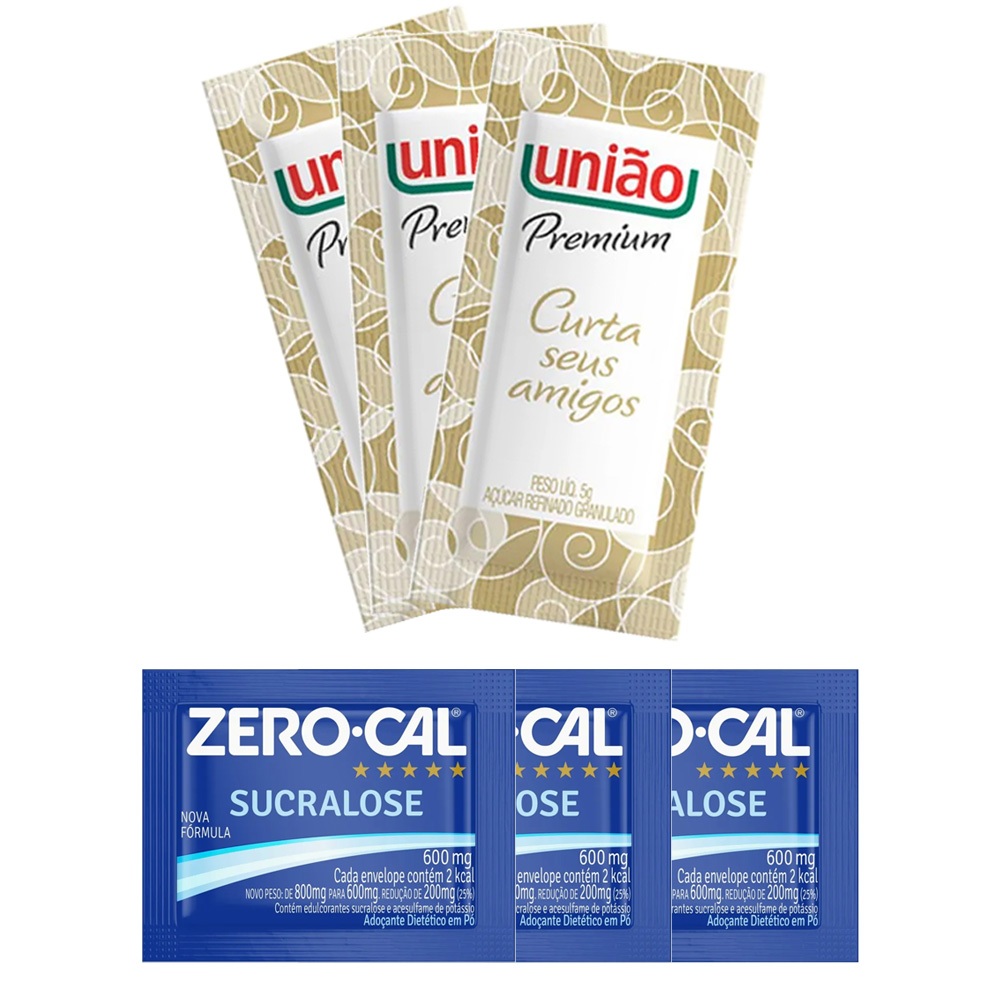 KIT CAFÉ - SACHE AÇUCAR UNIÃO + SACHE ADOÇANTE ZEROCAL - 200 400 600 800 UNIDADES