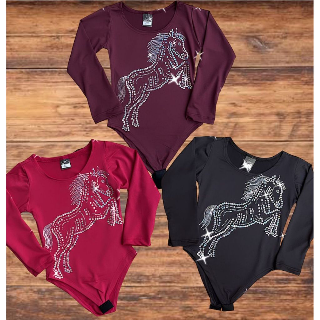 Body Manga Longa Infantil Strass Brilho Colorido Preto Vinho Rosa Cavalo Country Cavalgada
