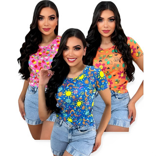 Kit com 3 Blusa Tshirt Feminina Camiseta Estampada Baby Look