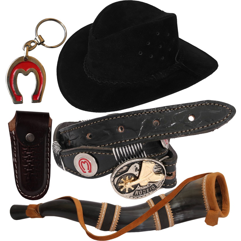 Kit de chapéu + cinto country + berrante + bainha para canivete + chaveiro de brinde