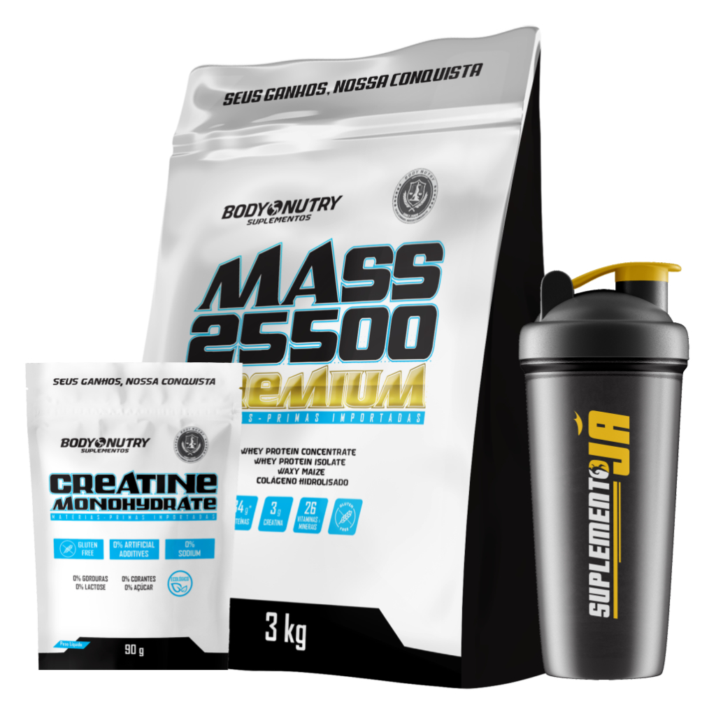 Kit Hipercalórico MASS 25500, 3kg + Creatina Monohydrate, 90g + Coqueteleira 600ml em Oferta na Shopee