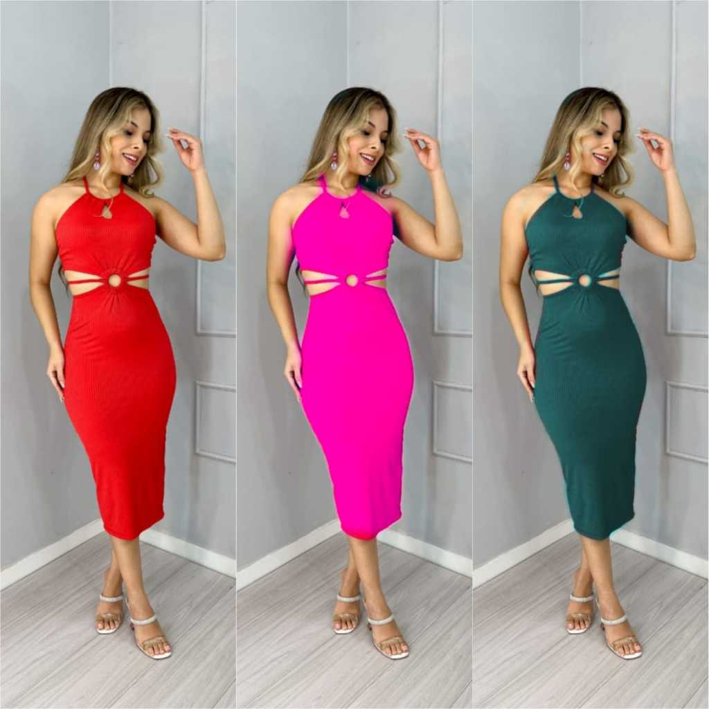 Kit 3 Vestidos Midi  Canelado Feminino em Oferta na Shopee