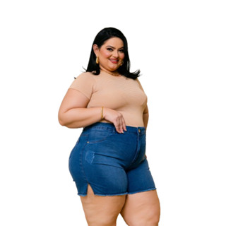 Short Jeans Feminino Plus Size Cintura Alta Lycra Meia Coxa 48-64