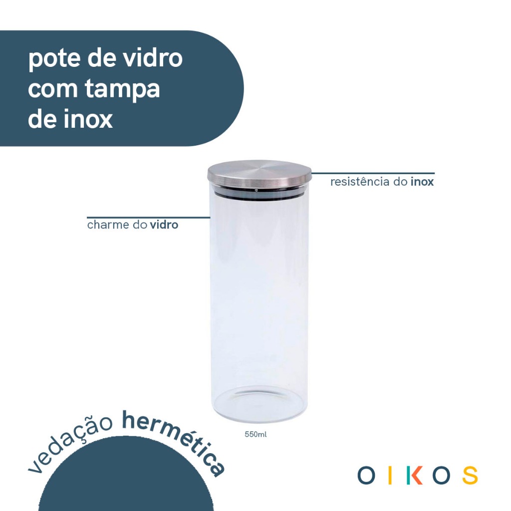 Detalhes do Pote de vidro 550ml com tampa de inox circular mantimento – Oikos