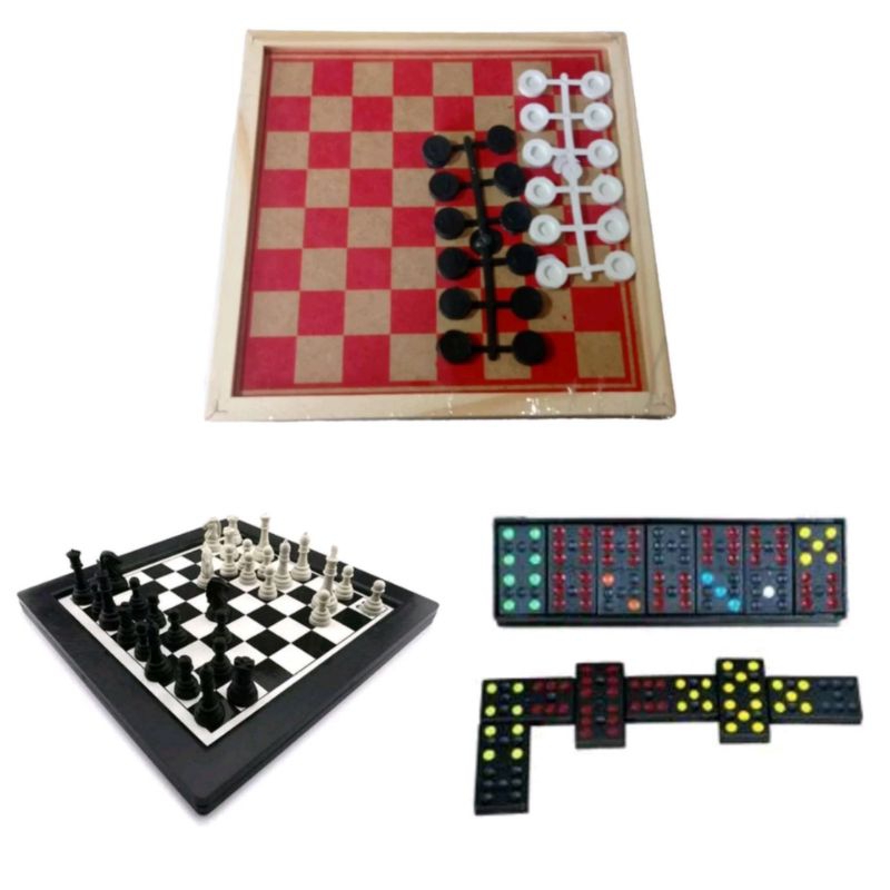 KIT 3 BRINQUEDOS SENDO 1Jogo de Dama e Trilha 28x28cm + 1 Jogo Xadrez e Trilha 24x24cm + 1 Dominó Simples infantil Preto
