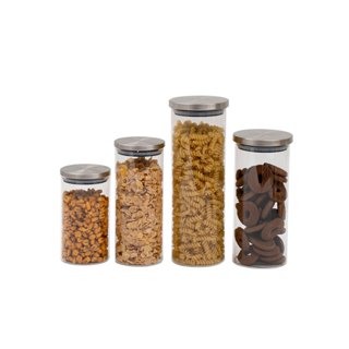 Kit 4 potes de vidro com tampa de inox redondo mantimento - Oikos