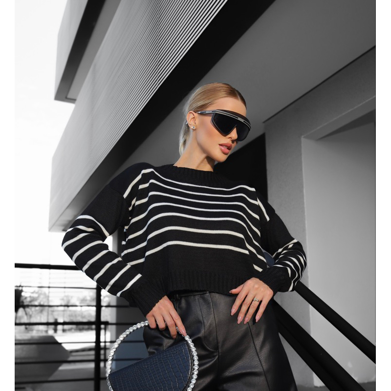 Cropped Tricot Listrado Amplo Feminino Moda Outono Inverno Tendência