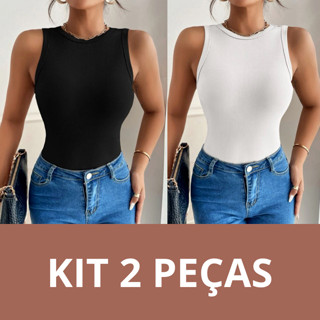 KIT com 2 Blusas Regata Feminina Canelada Blusinha Basica
