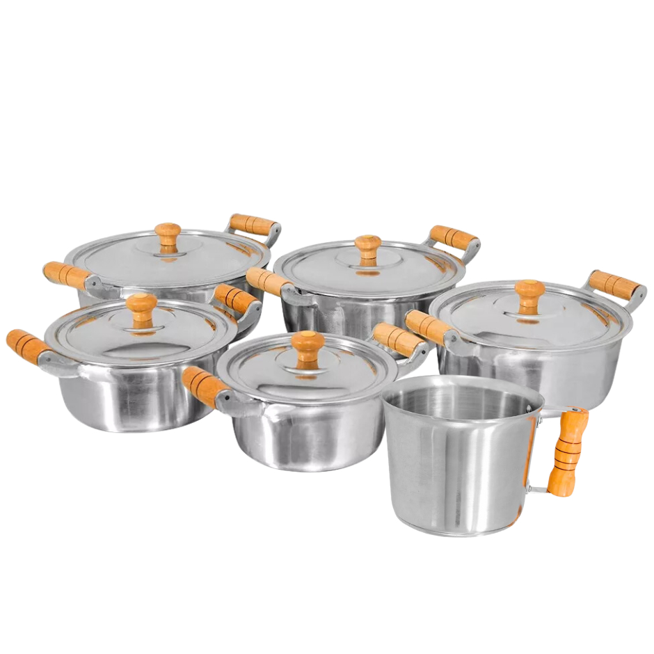 Kit Jogo 5 Panelas de Aluminio Batido Fundido com 1 Leiteira Canecão De Alumínio Reforçado Cabo De Madeira