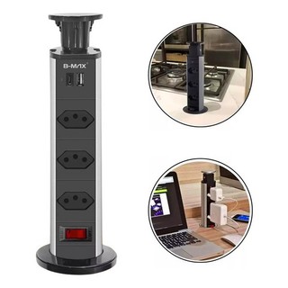 Torre de Tomada Retrátil 3 Entradas + Usb Tipo C Embutir Deslizante Bivolt  Multiplug Mesa Bancada