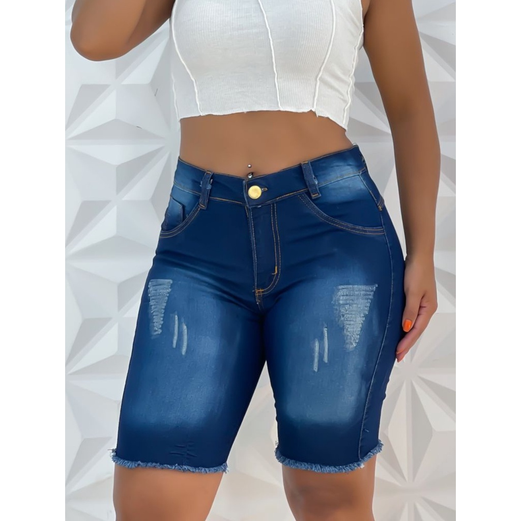 Bermuda Jeans Meia Coxa Cintura Alta Cós Alto Short Jeans Premium Elastano em Oferta na Shopee
