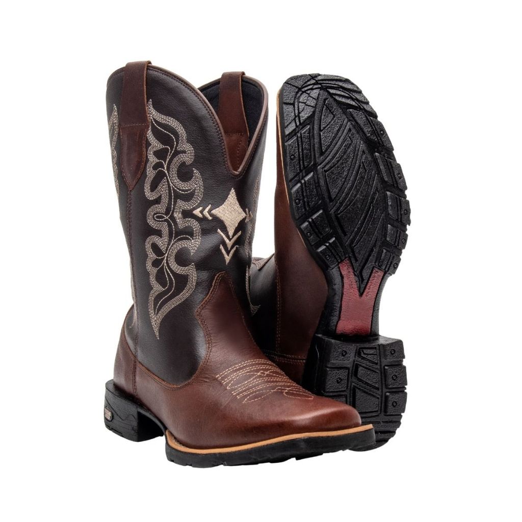 Detalhes do Bota Texana Country Masculina em Couro Bico Quadrado Cruzeta