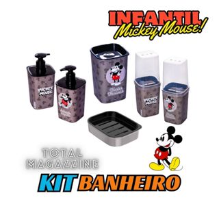 Kit Porta Sabonete Líquido, Porta Escovas \ Creme dental com Tampa, Porta Algodão e Saboneteira Classic Mickey