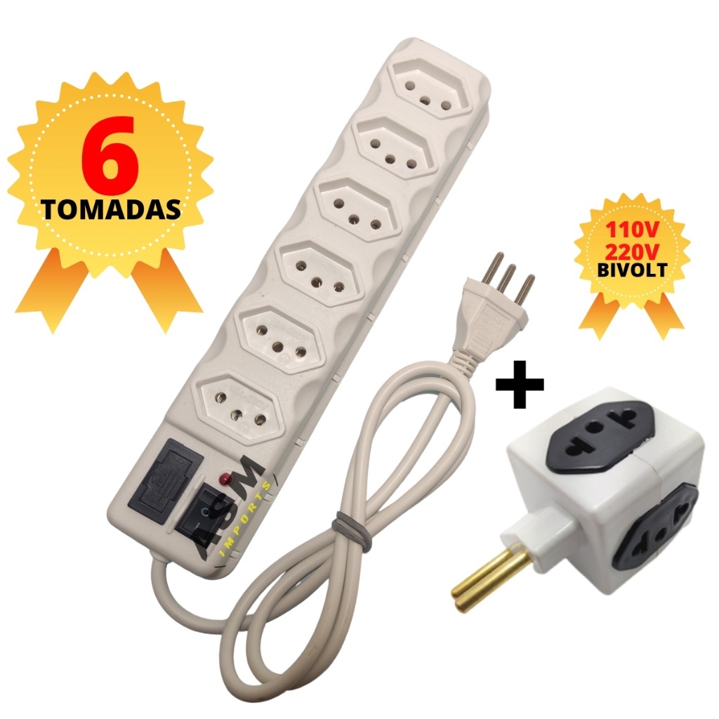 Filtro de Linha de 6 Tomadas Régua + adaptador em cubo 4 entradas Proteção P/ Tv Som Celular em Oferta na Shopee