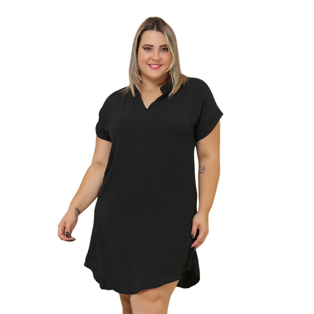 Vestido Curto Plus Size Manga Curto Gola V Elastex 48 Ao 54/COD:V47