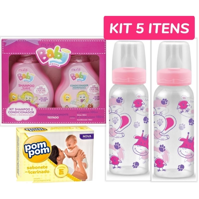 Kit hora do banho Mamãe Bebê 5 itens Shampoo + Condicionador Muriel + 2 mamadeiras grandes 240 ml + sabonete pompom presente lembrancinha chá de fraldas bebe