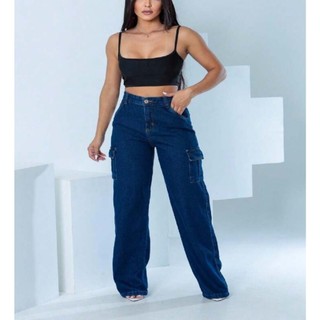 Calça Jeans Cargo Feminina Pantalona Wide Leg Cintura Alta Cargo Pantalona Jeans Bolso no lado
