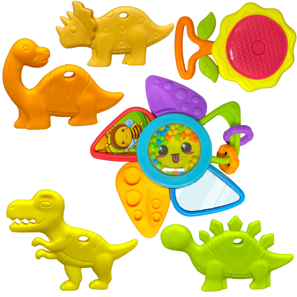Chocalho Dino Dinossauro Infantil Brinquedo Mordedor Bebê Baby Kit Atividades Interativas Sensorial
