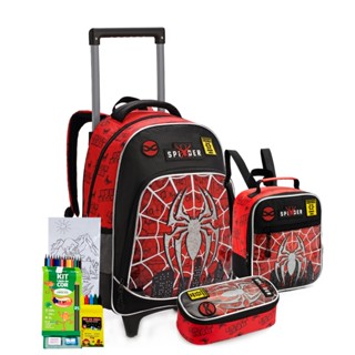 Kit Mochila Escolar Super Aranha Vermelha Herói Meninos Com Estojo e Lancheira Infantil Rodinhas