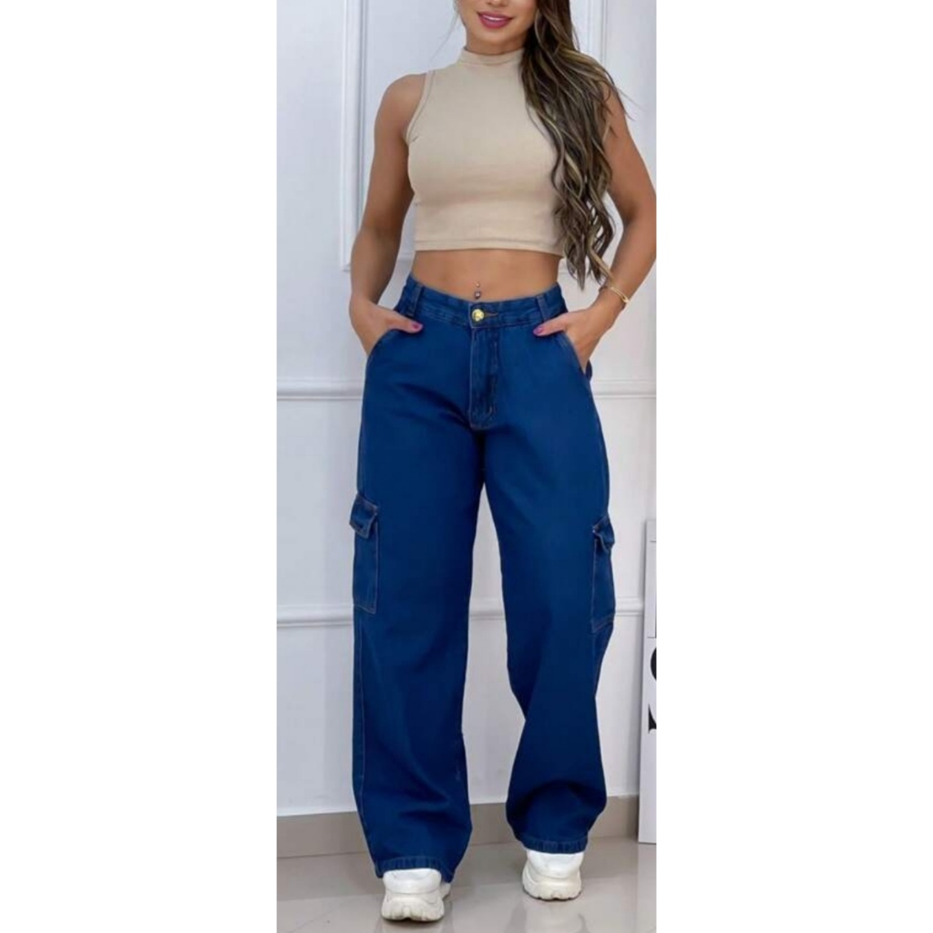 Calça Jeans Cargo Feminina Pantalona Wide Leg Cintura Alta