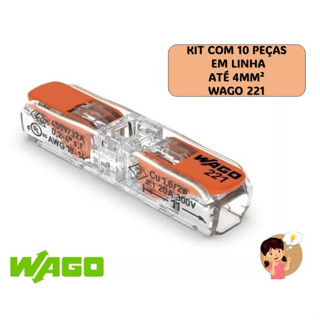 Kit C/10pçs Emenda WAGO INLINE 0,08 a 4mm² Até 32A 221-2411 Emenda Reta