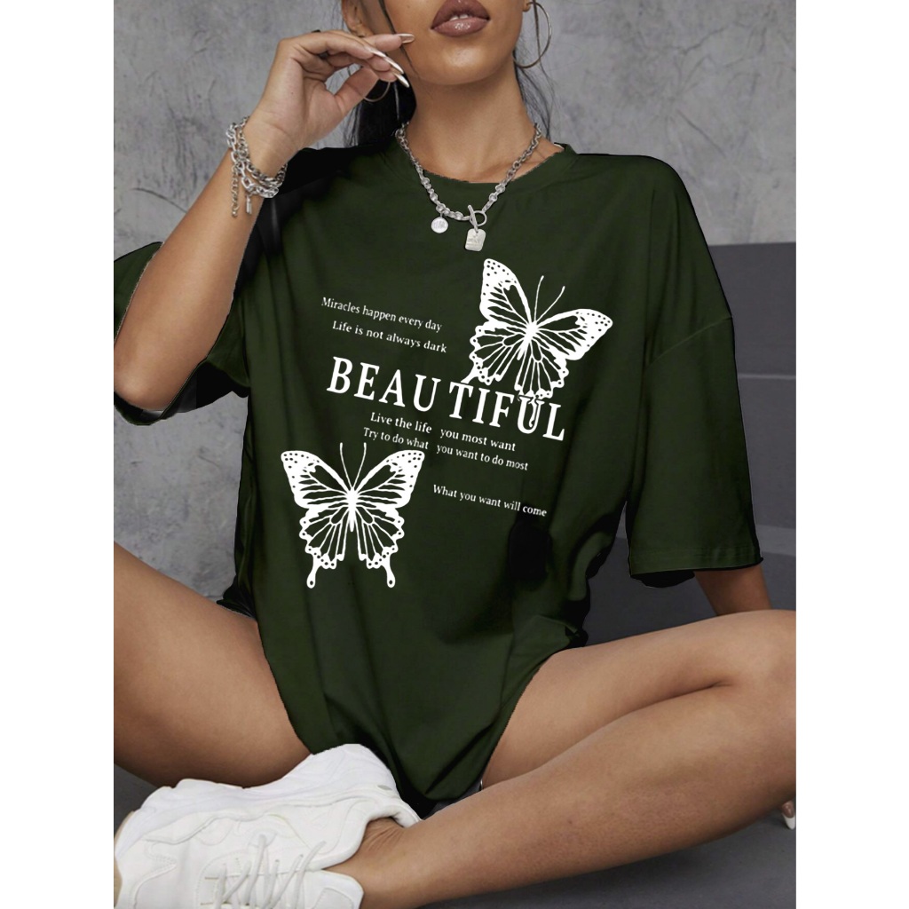 Camiseta Streetwear Estilo Oversized Cor Verde Militar Beautiful Butterfly Linda Borboleta Good Vibes 