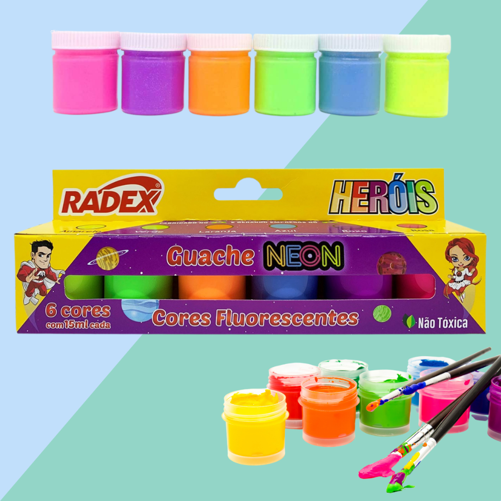 Tinta Tempera Guache Neon Radex Escolar 6 Unidades Infantil