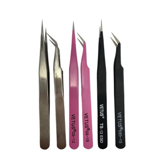 Pinça Vetus Curvada Para Extensão De Cílios Fio a Fio Rosa Cinza Ts-15