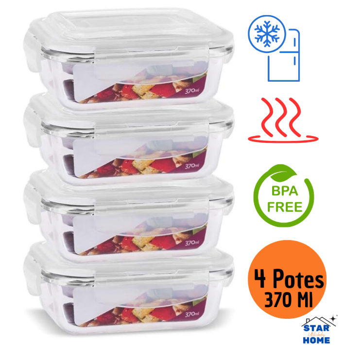 Kit 4 Potes de Vidro 370 ml Hermético Marmita Fit com Tampa 4 Travas em Oferta na Shopee