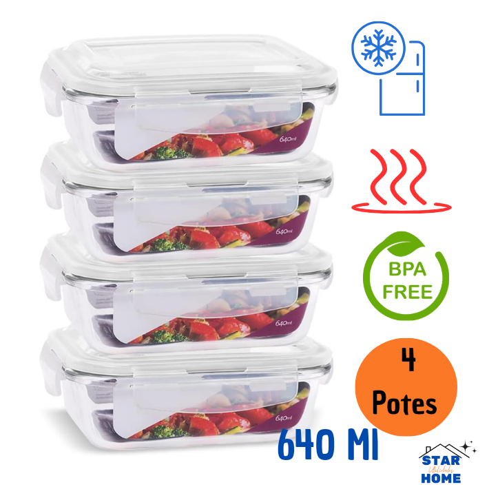 Kit 4 Potes de Vidro 640 ml Hermético Marmita Fit com Tampa 4 Travas