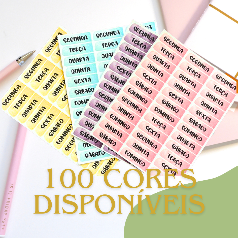 cartela de adesivo com dias da semana coloridos (100 cores disponíveis) em Oferta na Shopee