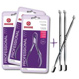 kit 3 Alicate Cutícula Mundial 777 + 3 Espátula Dupla inox