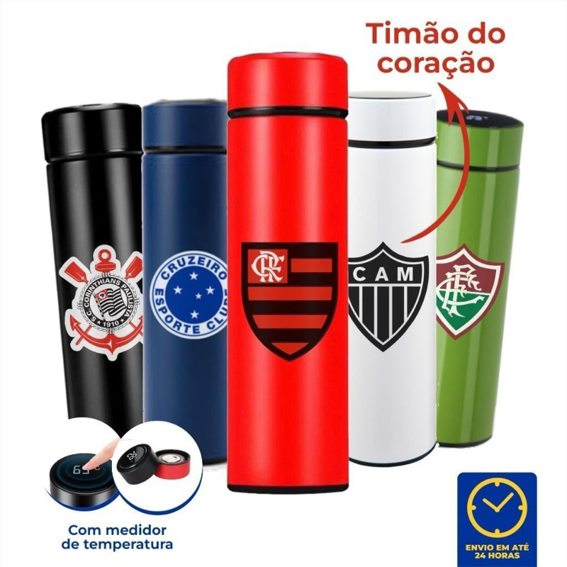 Garrafa Térmica Inox 500mil Personalizada led times brasileiros Flamengo Corinthians todos os times