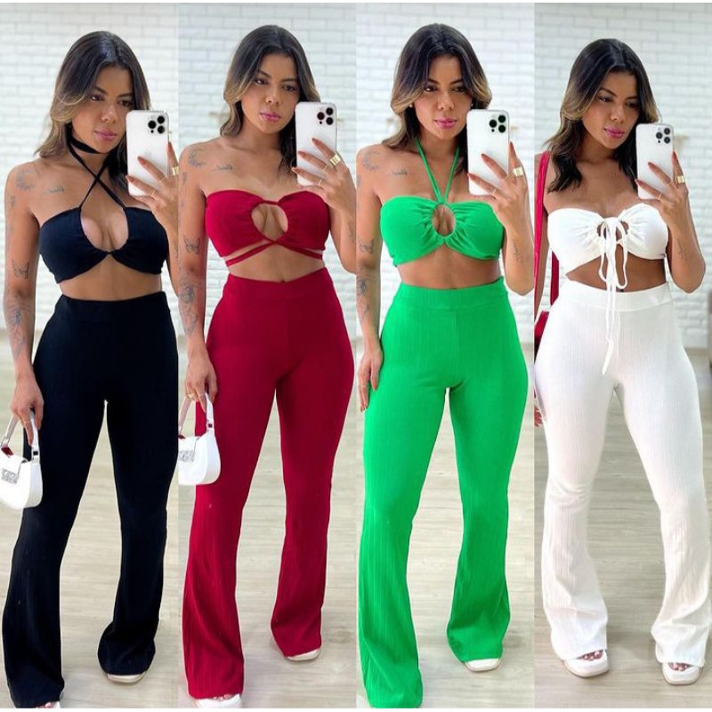 Conjunto feminino Top,Multiformas+Cropped forrado com mesmo tecidoe Calça Flare Canelado Com 92%polieste 100%Elastano