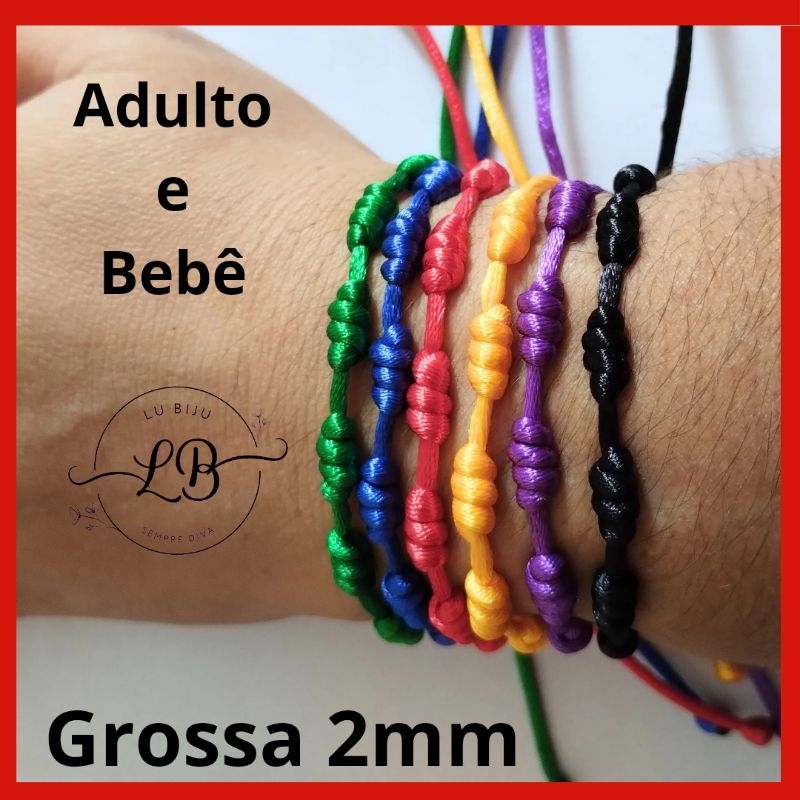 Pulseira 7 Sete Nós Cabala Kabballah Vermelha e Color Grossa Fio de 2mm