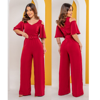 Macacão Pantalona Com cinto e Manga Vazada Social Elegante Crepe Duna