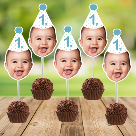 Kit Tags, toppers rostinho personalizado chapéu menino com número para Docinhos, brigadeiro, beijinh