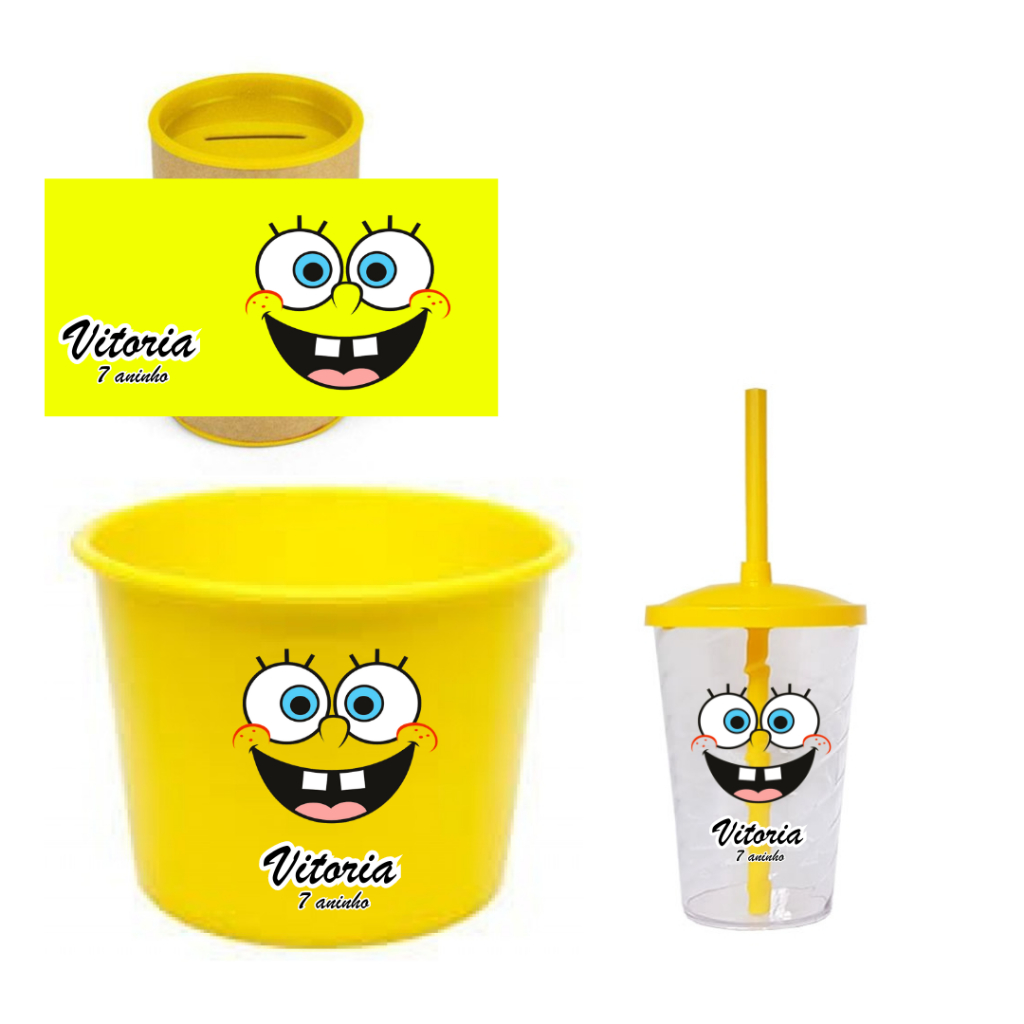 kit festa 10 balde + 10 cofrinho + 10 twister 300 ml bob esponja (Qualquer tema)