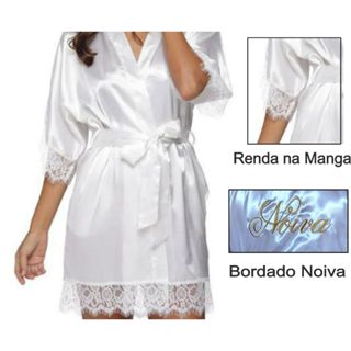Robe com renda bordado noiva cor branca cetim casamento em Oferta na Shopee