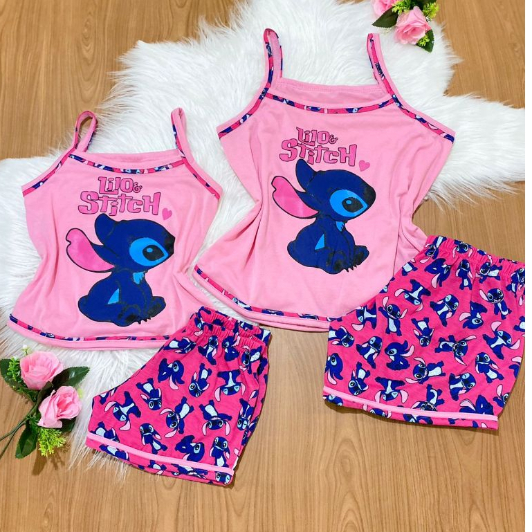 Kit Short Doll Sophya Mãe e Filha Alcinha Blogueira Stitch Short Estampado Malha PV