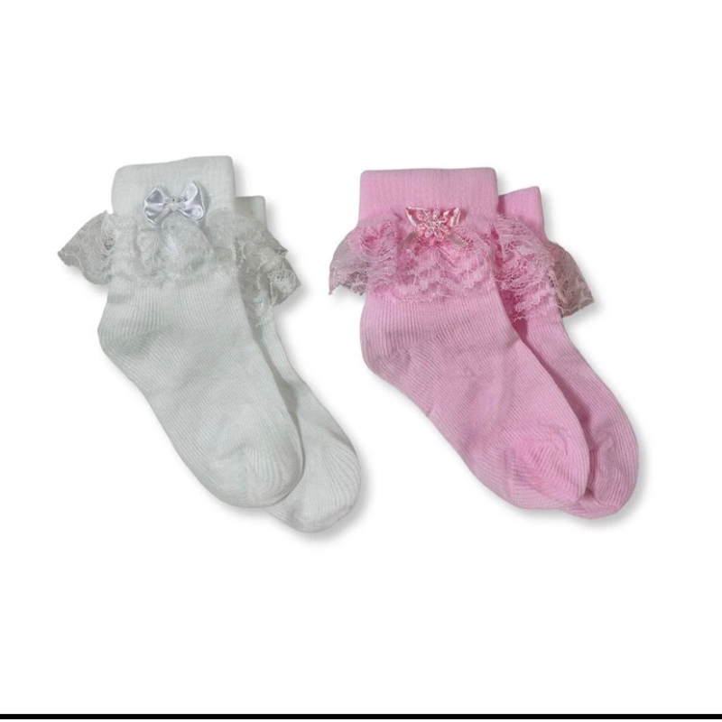 KIT 2 MEIAS BABADO 3/4 MINI DIVA BATIZADO BRANCA ROSA em Oferta na Shopee