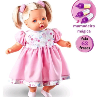 Boneca Angelina Loira Fala 62 Frases + Mamadeira Mágica Brinquedo Menina