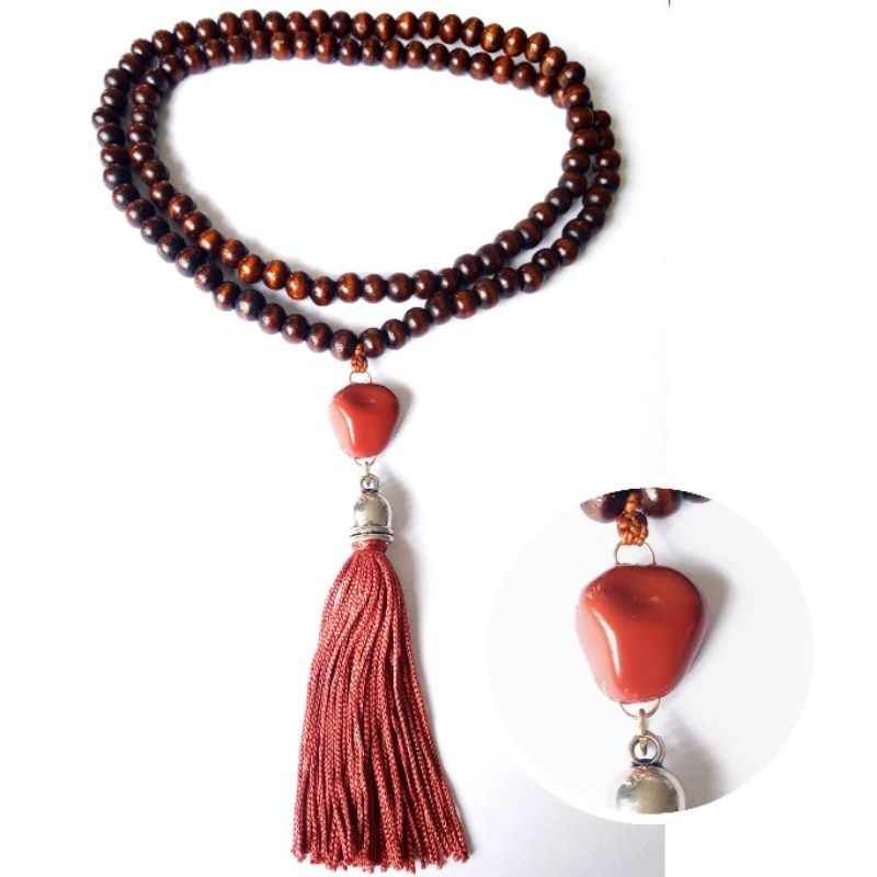 Imagem Japamala 108 Contas Madeira E Meru Pedras Naturais Jaspe Vermelha Rosário Budista Meditação Ref:309