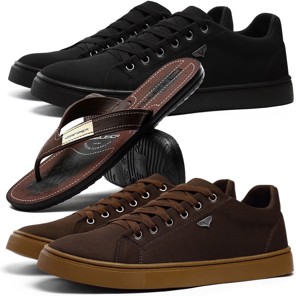Kit 2 Sapatênis Casual Skatista Masculino com Cadarço Cano Médio + Chinelo Danper Borracha