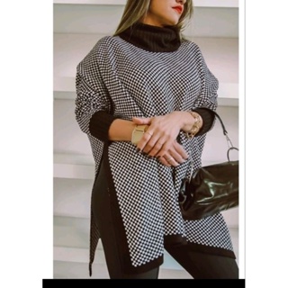 Poncho De Tricot Vestido feminino Estilosa quadriculado Inverno Fenda Lateral Plus Size em Oferta na Shopee